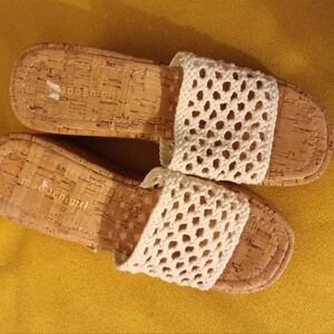 Madden Girl Zeppelin cork slide, wedge heel with cream fishnet weave-9.5 womens